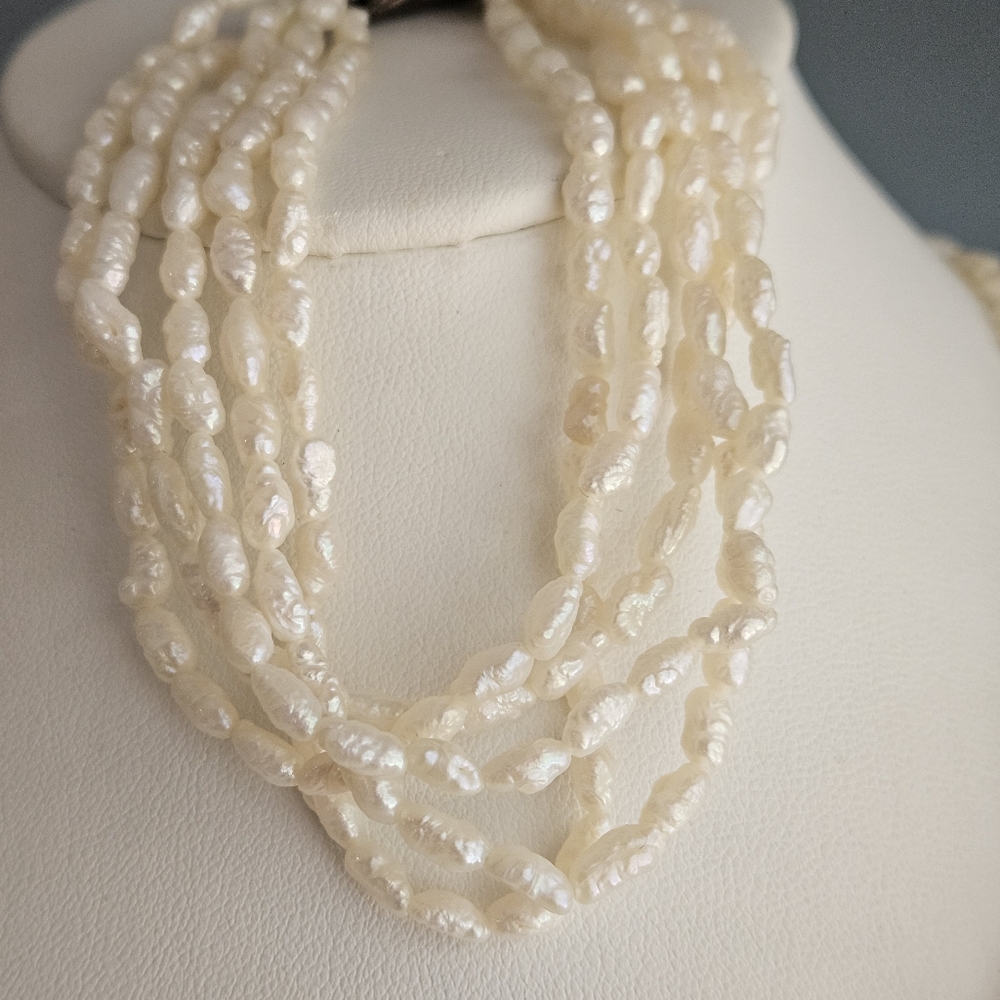 Vintage Pearl Necklace & Bracelet Set Multistrand Genuine Freshwater Rice Pearl - Picture 5 of 12